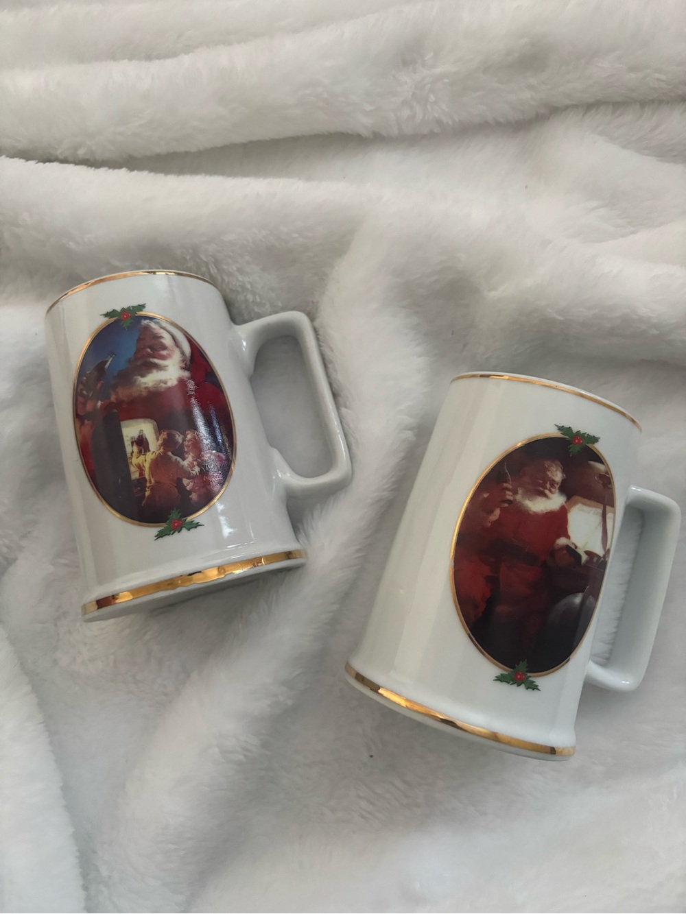 Vintage Coca Cola White Mugs with Santa Portraits and Gold Trim (Pair)
